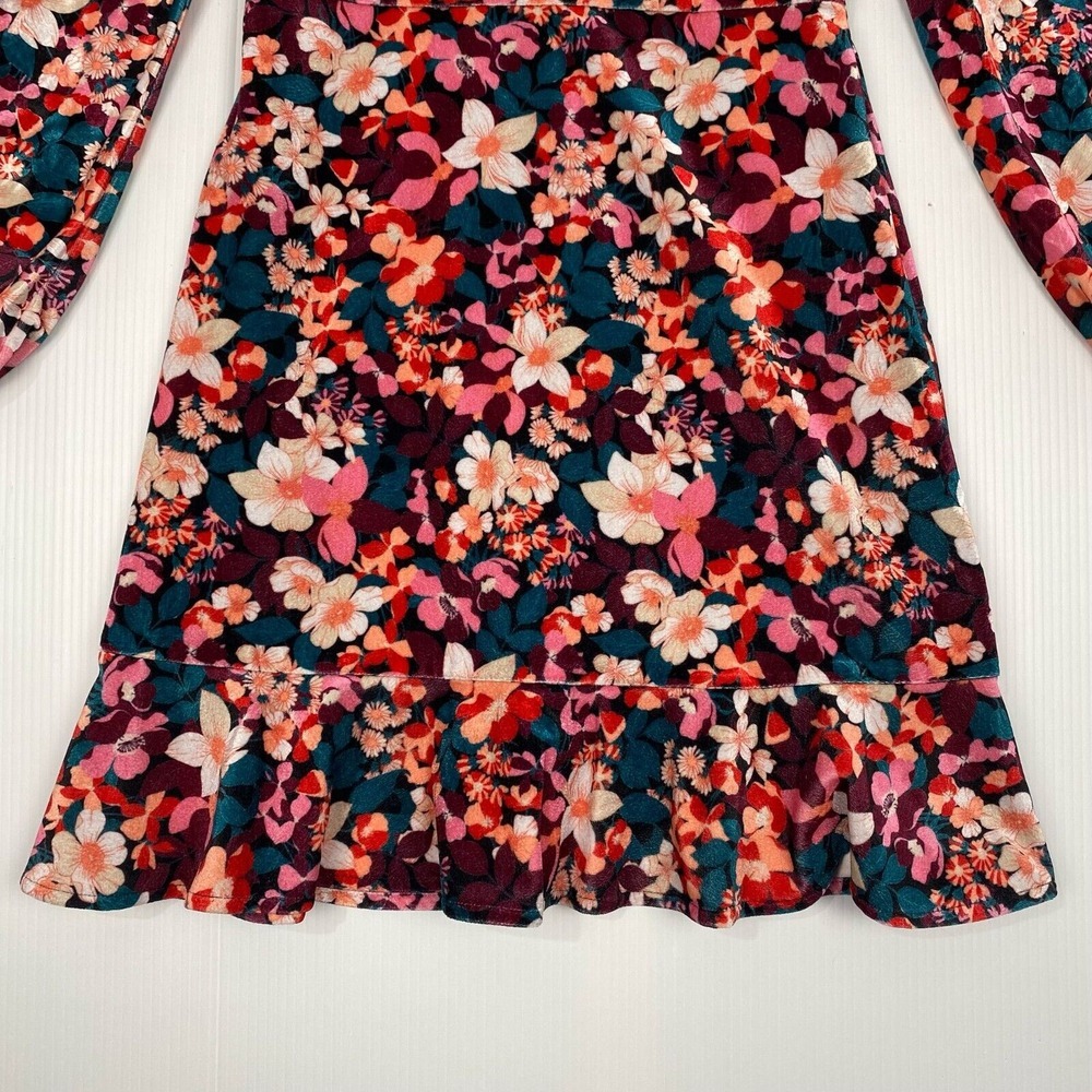 Bcbgeneration Velvet Floral Print Ruffle Trim Colorful Mini Dress‎ Size 4 - Picture 12 of 13